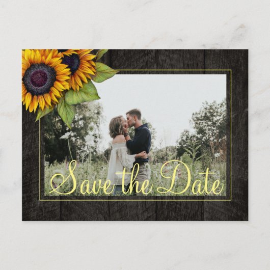 Carte Postale Faire-part Tournesols bois de grange rustique mariage à la da (Devant)