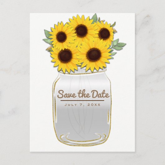 Carte Postale Faire-part Tournesols dans un bocal Mason Rustique Chic Save  (Devant)