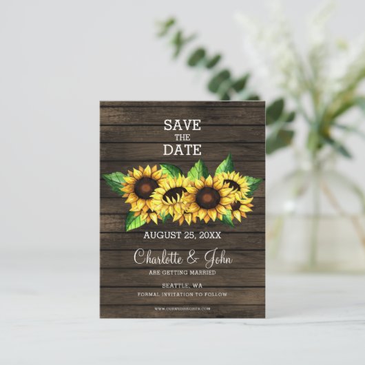 Carte Postale Faire-part tournesols en bois de grange rustique campagne (Debout devant)