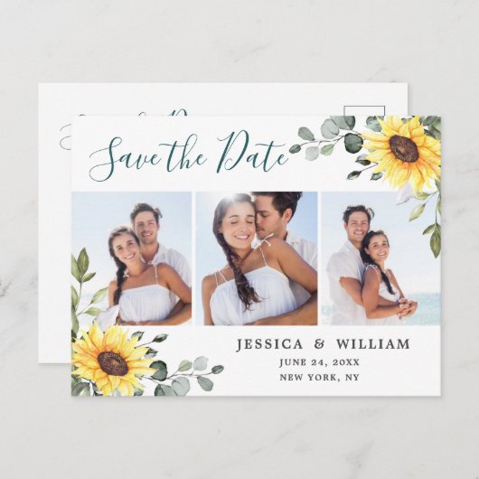 Carte Postale Faire-part Tournesols Eucalyptus PHOTO Mariage Épargnez la Da (Devant / Derrière)