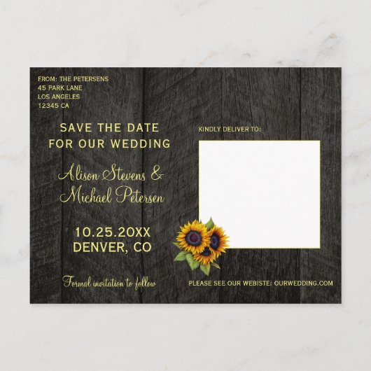 Carte Postale Faire-part Tournesols grange rustique bois sauver la date mar (Dos)