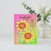 Carte Postale Faire-part Tournesols jaunes sur fond floral rose vert textur (Debout devant)