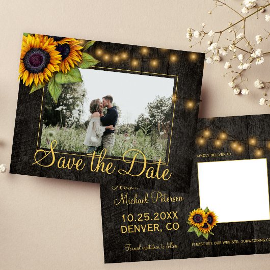 Carte Postale Faire-part Tournesols mariage de campagne en bois enregistrer