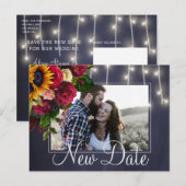 Carte Postale Faire-part Tournesols roses reportée nouvelle date mariage (Devant / Derrière)