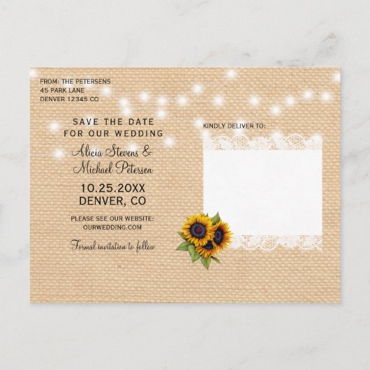 Carte Postale Faire-part Tournesols rustiques dentelle baguette enregistrer (Dos)