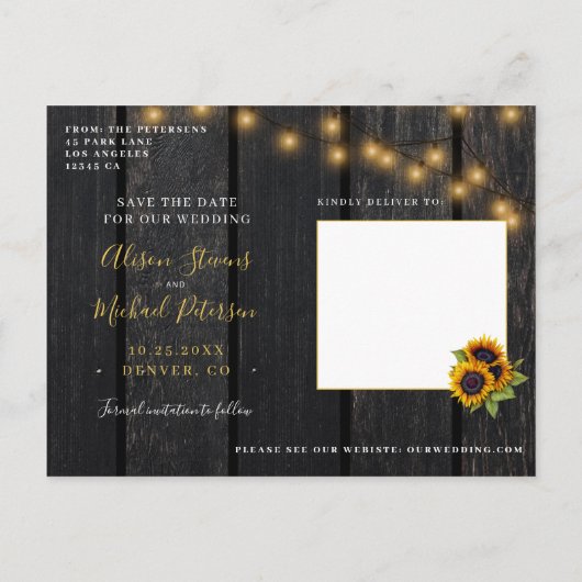 Carte Postale Faire-part Tournesols rustiques grange bois économisez la dat (Dos)