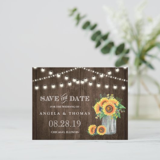 Carte Postale Faire-part Tournesols Sauvegarder la date Éclairages de chaîn (Debout devant)