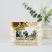 Carte Postale Faire-part Tournesols toile de jute rustique dentelle mariage (Debout devant)