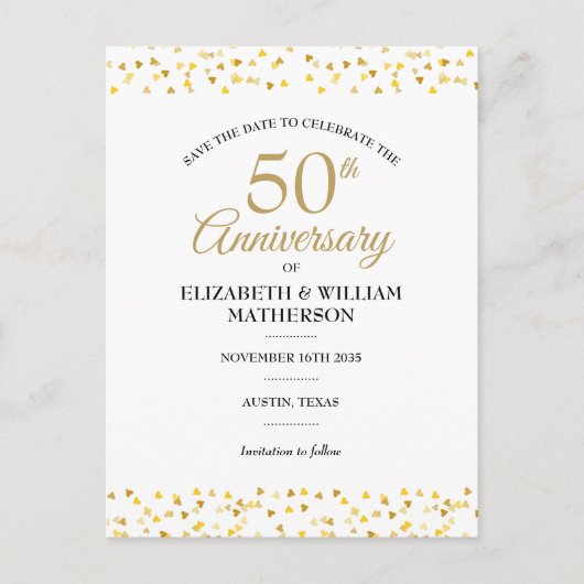 Carte Postale Faire-part Toute année Anniversaire Coeurs d'or Enregistrer l (Devant)