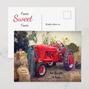 Carte Postale Faire-part Tracteur agricole rouge rustique campagne nous avo