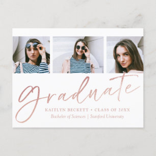 Carte Postale Faire-part Trendy Rose Gold Foil Script 3 Photo Graduation