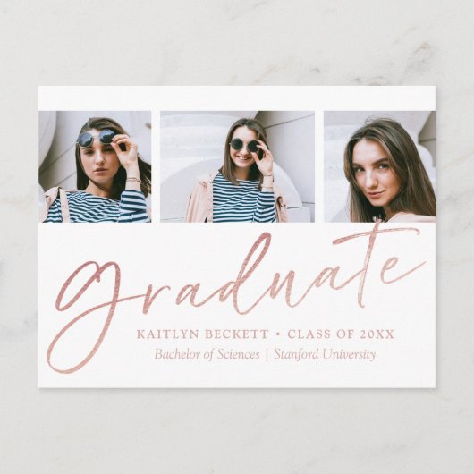 Carte Postale Faire-part Trendy Rose Gold Foil Script 3 Photo Graduation (Devant)