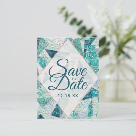 Carte Postale Faire-part Triangles en mosaïque turquoise Enregistrer la dat (Debout devant)