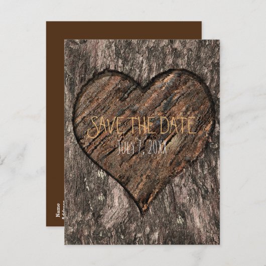 Carte Postale Faire-part Tronc d'arbre rustique avec cœur sculpté pour save (Devant / Derrière)