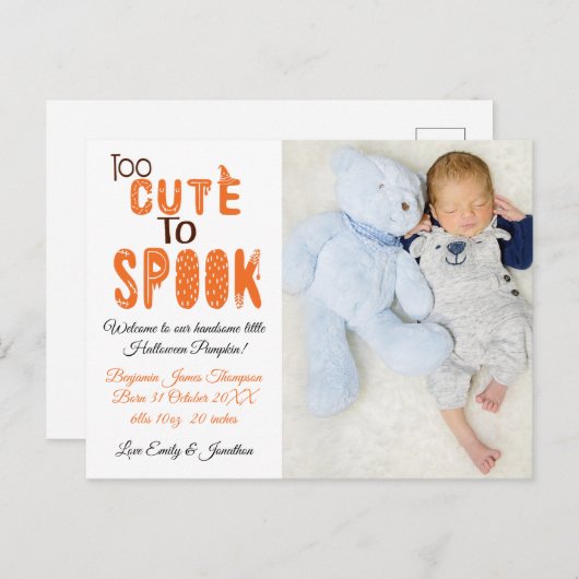 Carte Postale Faire-part Trop Mignon Pour Effrayer Photo D'Halloween Bébé G (Devant / Derrière)