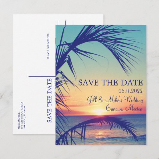 Carte Postale Faire-part Tropical Beach Mexique Mariage Enregistrer la date (Devant / Derrière)