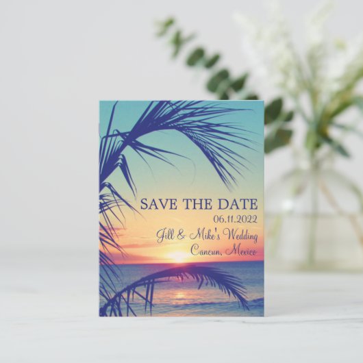 Carte Postale Faire-part Tropical Beach Mexique Mariage Enregistrer la date (Debout devant)