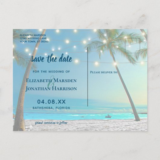 Carte Postale Faire-part Tropical Beach String Lights Palms Enregistrer La  (Dos)
