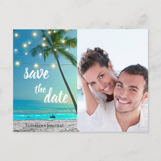 Carte Postale Faire-part Tropical Beach String Lights Palms Enregistrer La  (Devant)