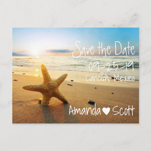 Carte Postale Faire-part Tropical Beach Sunset Starfish Enregistrer la date (Devant)