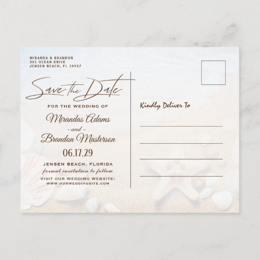 Carte Postale Faire-part Tropical Beach Wedding Starfish Enregistrer la dat (Dos)
