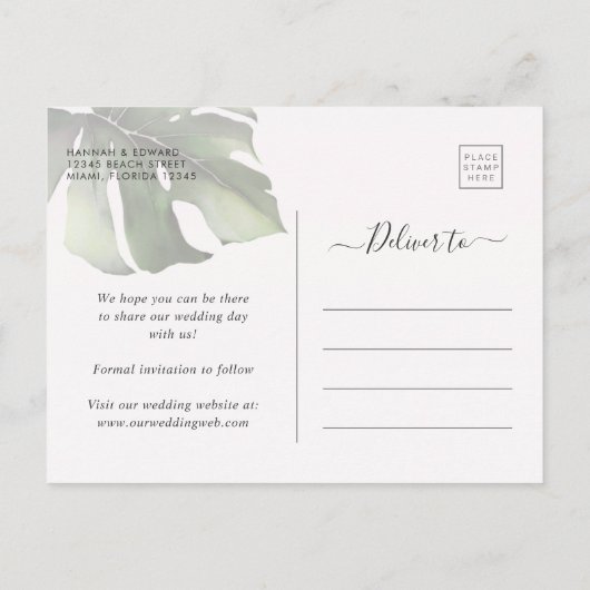 Carte Postale Faire-part Tropical Foliage Mariage Or Enregistrer La Date (Dos)