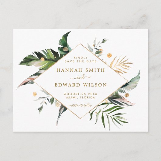 Carte Postale Faire-part Tropical Foliage Mariage Or Enregistrer La Date (Devant)
