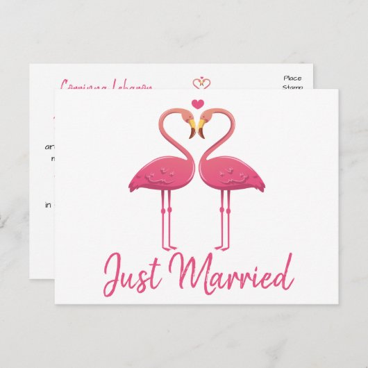 Carte Postale Faire-part Tropical Just Marié Flamant rose rose Mariage (Devant / Derrière)