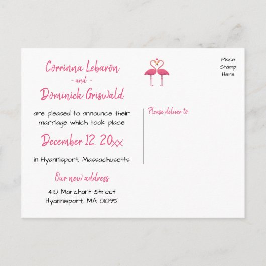 Carte Postale Faire-part Tropical Just Marié Flamant rose rose Mariage (Dos)