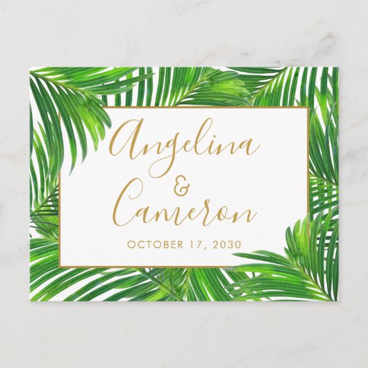 Carte Postale Faire-part Tropical Palm Leaf Bordure Vert Or Enregistrer la  (Devant)