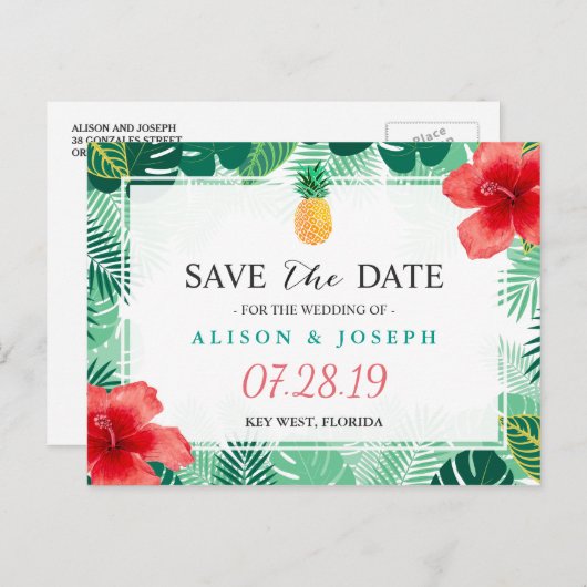 Carte Postale Faire-part Tropical Pineapple Hawaïen Hibiscus Save the Date (Devant / Derrière)