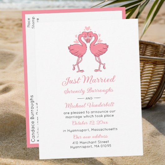 Carte Postale Faire-part Tropical Pink Flamingo Beach Hawaiian Just Married