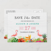 Carte Postale Faire-part Tropical Save The Date | Hibiscus Floral Flamant R (Devant / Derrière)