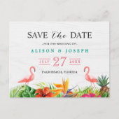 Carte Postale Faire-part Tropical Save The Date | Hibiscus Floral Flamant R (Devant)