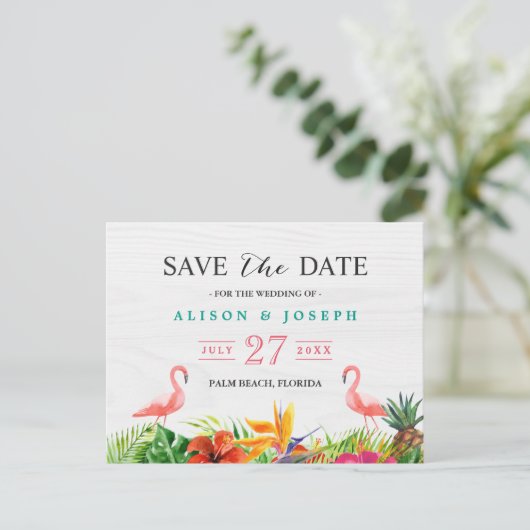Carte Postale Faire-part Tropical Save The Date | Hibiscus Floral Flamant R (Debout devant)