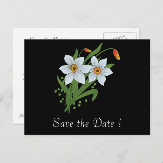 Carte Postale Faire-part Tulipes et jonquilles Enregistrer la date 80e anni (Devant / Derrière)