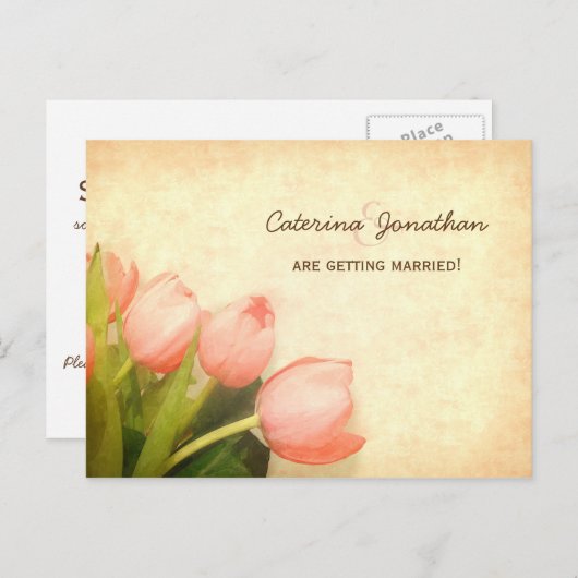 Carte Postale Faire-part Tulipes roses mariage de printemps enregistrer la  (Devant / Derrière)