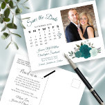 Carte Postale Faire-part Turquoise & Aqua Roses Photo & Calendrier Enregist<br><div class="desc">Ce mariage rustique Save the Date est doté d'un élégant design floral aquarelle avec un bouquet de beaux roses peints à la main et des fleurs dans les tons turquoises, turquoise et aqua. Le côté gauche de la carte comporte un calendrier personnalisable avec un coeur autour de votre date de...</div>