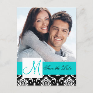 Carte Postale Faire-part Turquoise Black Damask Photo Enregistrer la date C