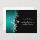 Carte Postale Faire-part Turquoise Black Silver Frotles Enregistrer La Date (Devant / Derrière)
