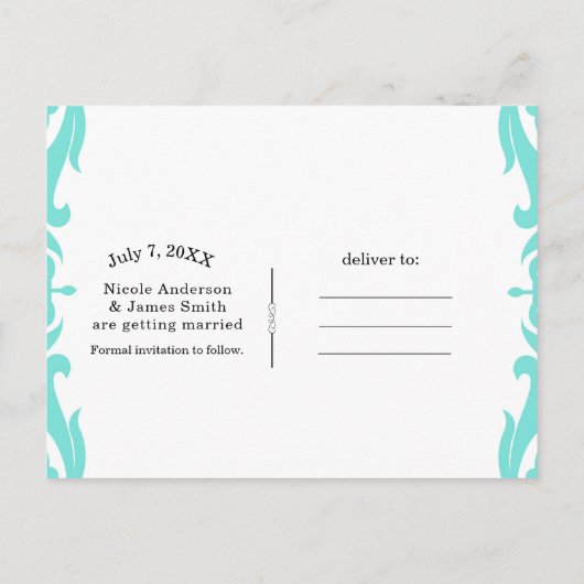 Carte Postale Faire-part Turquoise & blanc Damas Chic Wedding Enregistrer l (Dos)
