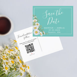 Carte Postale Faire-part Turquoise & blanc Enregistrer la date Code QR