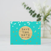 Carte Postale Faire-part Turquoise Bleu & Or Confetti Brillants Save The Da (Debout devant)