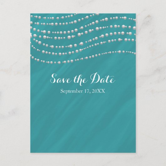 Carte Postale Faire-part Turquoise Bleu & Perles Élégant Save The Date (Devant)