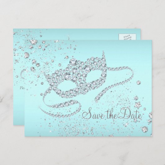 Carte Postale Faire-part Turquoise Blue Diamond Masquerade Party Enregistre (Devant / Derrière)