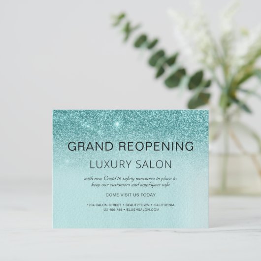 Carte Postale Faire-part Turquoise Blue Grand Réouverture Parties scintilla (Debout devant)