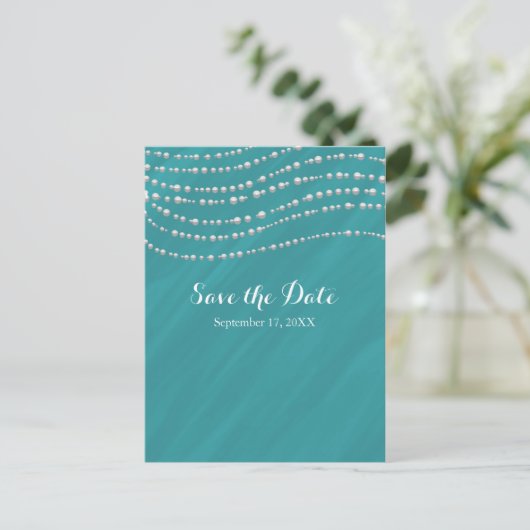 Carte Postale Faire-part Turquoise Blue & Pearls Élégant Enregistrer La Dat (Debout devant)