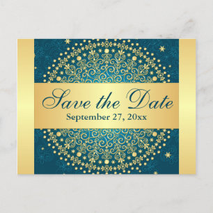 Carte Postale Faire-part Turquoise complexe, manuscrits or Enregistrer la c
