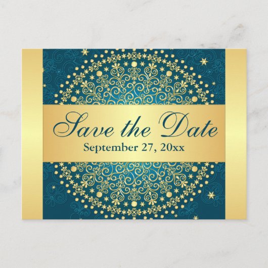 Carte Postale Faire-part Turquoise complexe, manuscrits or Enregistrer la c (Devant)