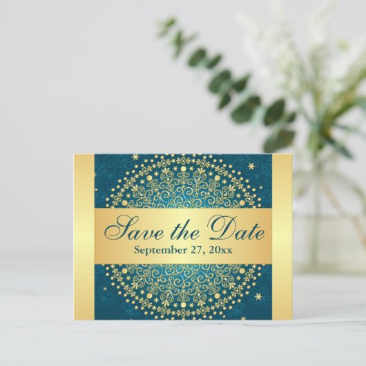 Carte Postale Faire-part Turquoise complexe, manuscrits or Enregistrer la c (Debout devant)